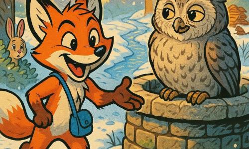 Ein junger anthropomorpher Fuchs namens Flink, fröhlich und entschlossen, mit lebhaften Augen und rötlichem Fell mit weißen Zeichnungen an Schnauze und Brust sowie einer blauen Stofftasche am Hals, lächelt verschmitzt und streckt die Pfote aus, während die alte, weise Eule Elsi mit graubraunen Federn und sanften Augen auf dem Rand eines alten Stebrunnens sitzt und ihm wohlwollend zulächelt; im Hintergrund links lugt der scheue Hase Hanno hinter einem Busch hervor, rechts glitzert ein schmaler Fluss zwischen verschneiten Ufern, in der Ferne sieht man schemenhafte Biber und aufgestapelte Holzplanken als Hinweis auf einen bevorstehenden kleinen Baukonflikt, alles in einem verschneiten Morgenwald mit verschneiten, verdrehten Baumstämmen, glitzernden Kristallen an den Zweigen, frischen Tierspuren und warmem Goldlicht — die Szene zeigt den Entscheidungs-moment, in dem Flink wählt, welchem kleinen Problem er helfen soll; warme, optimistische Stimmung, klare Komposition, kräftige Farben, scharfe Linien und gut lesbare Gesichtsausdrücke.