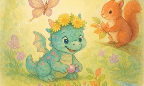A playful, chubby little dragon with turquoise scaly fur and pink spots, big shiny eyes, smiling proudly with a dandelion crown and sparkling pebbles in its tiny paws, crouches before a shimmering garden admiring its work; a delicate butterfly (Flappy) with mauve-and-gold patterned wings flutters above, scattering luminous dust and sharing a knowing look with the dragon; a fluffy red squirrel (Ruby) with mischievous eyes stands on a low right-hand branch holding colorful leaves to offer; the setting is a mossy forest clearing with violet flowers and a glittering stream, golden sunlight filtering through leaves and soft shadows; the scene depicts a surprise for Mother's Day: a small magical garden of flowers, sparkling stones and multicolored leaves, in a tender pastel watercolor style with white gel-pen highlights for reflections and glitter.