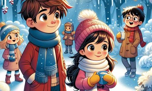 Um menino de 10 anos, chamado Tomás, com cabelos castanhos desgrenhados e olhos curiosos, está de pé em uma floresta nevada. Ele usa um grosso casaco vermelho, um cachecol azul e luvas amarelas, sorrindo maravilhado enquanto observa os flocos de neve caindo ao seu redor. Ao seu lado, Ana, uma menina de 9 anos com cabelos longos e castanhos, vestida com um casaco rosa e um gorro de lã, segura uma caneca de chocolate quente e olha para Tomás com um sorriso cúmplice. Miguel, um menino de 10 anos com cabelos negros e óculos, está um pouco atrás, apontando para uma pequena pegada na neve, com os olhos arregalados de excitação. A cena ocorre em uma floresta mágica, onde as árvores estão cobertas por uma espessa camada de neve brilhante, e o chão é coberto de flocos brancos. A luz do sol atravessa os galhos, criando reflexos que dançam na neve. As crianças estão em busca dos gnomos do inverno, ouvindo atentamente uma melodia suave que parece vir das profundezas da floresta, cheias de entusiasmo e imaginação.