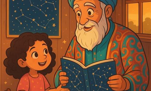 An elderly man, Amir, with a long white beard and sparkling wise eyes, stands in front of a wall decorated with a sky atlas. He wears a lightweight tunic with colorful patterns, and his face expresses gentle curiosity. He delicately holds a page of the atlas in his hands like a precious treasure. Beside him, a small girl of about 7, with curly hair and bright eyes, looks at Amir with admiration. She wears a pink cotton dress adorned with small golden stars and reaches out toward the page Amir holds, eager to discover the secrets of the constellations. The setting is a cozy little house with wooden walls and open windows letting in the golden light of the setting sun. Spices are arranged on a wooden table, and a lazy cat sleeps on a fluffy cushion. The main scene shows Amir and the little girl exploring the sky atlas together, surrounded by a magical atmosphere where the stars seem to twinkle and dance around them, as if waiting to be discovered.