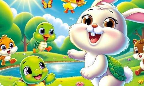 O personagem principal é um coelhinho chamado Beto, com pelagem macia e branca, grandes orelhas caídas e olhos brilhando de alegria. Ele salta de felicidade, sorrindo, em um parque ensolarado. Ao seu lado está Dudu, um pato amarelo-vivo com um bico laranja, que ri enquanto corre na grama verde. Lili, uma tartaruga pequena com uma carapaça verde e olhos travessos, avança lentamente, mas com um sorriso feliz, enquanto Nino, um esquilo marrom com grandes orelhas, sobe em uma árvore, olhando para os amigos com um ar travesso. O local é um parque de verão exuberante, repleto de flores coloridas, árvores majestosas e um lago brilhante sob o sol, com borboletas voando ao redor, adicionando um toque de magia ao ambiente. A cena principal mostra Beto e seus amigos brincando juntos, rindo e se divertindo, enquanto se dirigem ao lago para molhar os pés na água fresca, criando respingos alegres.