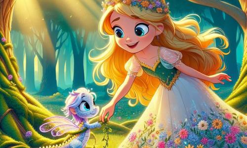 Princess Aria, a 12-year-old girl, is depicted with long golden hair shining in the sun, wearing a beautiful dress adorned with colorful flowers. She has a warm smile and sparkling eyes full of curiosity as she gently bends down to free a small silver dragon, Luna, caught in thorns. Luna, the dragon, is delicate with shimmering scales and translucent wings. He looks at the princess with gratitude, his eyes shining with emotion, as he gently flaps his wings, ready to take flight. The scene is set in an enchanted forest where majestic trees with thick trunks are covered in green moss. Rays of light filter through the foliage, illuminating the ground scattered with colorful flowers and mushrooms. The atmosphere is magical, filled with vibrant colors and the soft whispers of leaves. The main situation shows Princess Aria, full of courage and compassion, freeing the little dragon from the thorns, symbolizing friendship and bravery in the face of challenges.