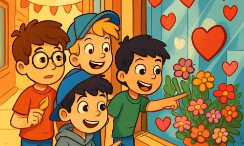 Hay 4 niños: - Lucas: un niño de 12 años, con cabello castaño y gafas redondas. Lleva una camiseta roja y zapatillas a juego. Sostiene un pétalo dorado en su mano y mira con curiosidad. - Tomás: un niño de 12 años, con cabello rubio desordenado y una gorra azul. Lleva una sudadera gris y está al lado de Lucas, sonriendo con entusiasmo. - Diego: un niño de 12 años, con cabello negro y ojos brillantes. Lleva una camiseta verde y jeans. Está señalando una vitrina de flores, emocionado por la aventura. - Joaquín: un niño de 12 años, con cabello castaño y una gran sonrisa. Lleva una camisa de cuadros y está detrás de Lucas, sosteniendo una galleta en forma de corazón. La escena principal tiene lugar en una encantadora calle decorada para San Valentín, con banderines rojos y dorados ondeando al viento. Las vitrinas de las tiendas están adornadas con corazones de papel y flores coloridas. Una suave luz dorada baña la escena, creando una atmósfera cálida y festiva. La situación principal muestra a los cuatro amigos reunidos frente a la vitrina de una papelería, fascinados por un misterioso sobre rojo brillante. Se intercambian miradas curiosas y emocionadas, listos para descubrir los secretos que les depara esta aventura llena de sorpresas y amistad.