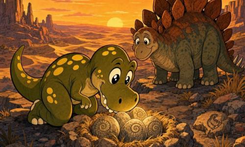 Een jonge Tyrannosaurus rex, verwonderd en glimlachend, olijfgroen met gele vlekken, knielt zacht en raakt met zijn snuit een fossiel nest met eieren aan, versierd met spiraalinscripties; Salvia, een oude, rustige stegosaurus met roestbruin schild en brede platen, staat rechts achter hem als waakzame gids. Het verloren plateau is een grote rotsachtige terras met uitzicht op gouden duinen, okerkleurige kliffen en barstende rotsen met ingesloten fossielen, droge grassprieten en een oranje zonsondergangshemel met roze wolken. De scène toont een kalm, magisch ontdekkingmoment bij schemering: Rex toont het lichtgevende eiernest terwijl Salvia waakt, met warme kleuren, sterke contrasten en een compositie gericht op de twee dinosauriërs en het nest.