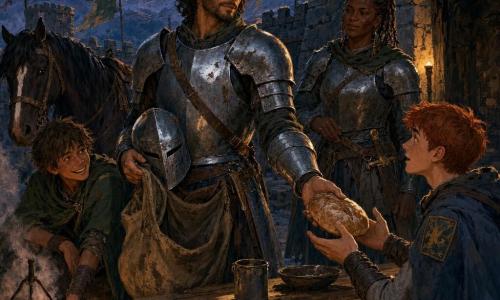 Il cavaliere Leone (uomo ~30 anni) al centro, volto sereno e stanco, casco sollevato di lato, armatura semplice in acciaio spazzolato con tracce di fango, tiene un sacco di tela quasi vuoto e posa una pagnotta su un tavolo di legno; a sinistra Nilo (ragazzo ~14) con aria maliziosa e ammirata, capelli castani arruffati, mantello verde consumato, sorride appoggiato al bordo del fuoco vicino al cavallo Brina; a destra il giovane soldato dai capelli rossi (ragazzo ~17) sorpreso e riconoscente, mantello della guardia, tende le mani verso la pagnotta vicino all'ingresso della guarnigione; dietro il tavolo la capitana (donna ~35) in piedi, forte e calma, armatura leggera con cicatrici, mano sul pomo del sabre; luogo: cortile del posto di guardia in pietra scura con stendardi logori, torce e piccolo fuoco fumante al centro, montagne innevate sullo sfondo e cielo crepuscolare arancione e viola; scena: consegna del pane al crepuscolo, atmosfera calda nonostante la stanchezza, forti contrasti tra luce delle torce e ombre fredde, dettagli tattili di legno screpolato, metallo graffiato e tessuti spiegazzati.