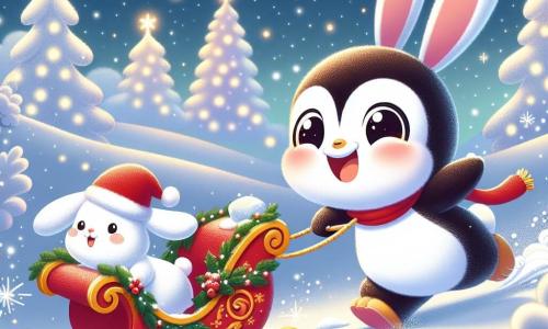 Un piccolo pinguino di nome Pino, con un ventre bianco e un dorso nero, sta spingendo con tutte le sue forze la slitta di Babbo Natale, mostrando un'espressione determinata e gioiosa sul suo viso. Accanto a lui, un adorabile coniglio bianco, con grandi orecchie e occhi scintillanti, guarda con entusiasmo, pronto ad aiutare, mentre salta nella neve. La scena si svolge in un paesaggio invernale incantevole, dove la neve brilla sotto un cielo stellato, con abeti decorati da luci sullo sfondo. La slitta, rossa e ornata di dorature, è bloccata nella neve profonda, e fiocchi di neve cadono dolcemente intorno a loro. Pino e il coniglio si sforzano insieme di liberare la slitta, simboleggiando lo spirito di aiuto e gioia del Natale.