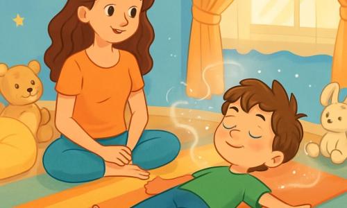 Un bambino di 6 anni, con capelli castani disordinati e grandi occhi scintillanti, è sdraiato su un tappeto di yoga morbido e soffice. Ha un sorriso sereno sul viso, le guance leggermente arrossate, e respira profondamente, con le braccia distese ai lati, come se stesse fluttuando in una nuvola di calma. Accanto a lui, sua madre, una donna di circa 30 anni con lunghi capelli ondulati, vestita con pantaloni comodi da yoga e una maglietta leggera, lo osserva con tenerezza. È seduta a gambe incrociate, con le mani sulle ginocchia, sorridendo calorosamente, creando un'atmosfera rasserenante. La stanza è accogliente, con pareti dipinte di blu pastello e stelle dorate che brillano sul soffitto. Un tappeto di yoga colorato è al centro della stanza, circondato da cuscini morbidi e peluche. Una luce soffusa filtra attraverso le tende, creando un'atmosfera calda e serena. La scena principale mostra il bambino mentre pratica una postura di yoga rilassante, inspirando profondamente, mentre una leggera e scintillante nebbia sembra fluttuare attorno a lui, simboleggiando pace e benessere.