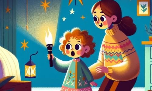 Una bambina di 2 anni, Sofia, con grandi occhi brillanti e capelli ricci castani, si trova al centro della sua camera, tenendo una torcia che illumina timidamente le pareti. Il suo viso esprime una leggera paura, ma anche curiosità, mentre guarda intorno a sé con la bocca a forma di "O". Accanto a lei, la mamma, una donna di circa trent'anni con lunghi capelli castani e un sorriso rassicurante, si inginocchia per essere alla sua altezza. Indossa un maglione morbido e colorato e tende la mano verso Sofia, mostrandole le stelle decorative sul muro. La camera è calda e accogliente, con pareti dipinte di azzurro chiaro, stelle dorate attaccate al soffitto e un tappeto morbido sul pavimento. Una lampada a forma di stella emette una luce soffusa, creando un'atmosfera magica. Sofia, un po' spaventata dall'oscurità, usa la sua torcia per esplorare le ombre della sua camera, mentre la mamma le parla dolcemente, mostrandole che il buio può essere un luogo sicuro e pieno di sogni da scoprire.
