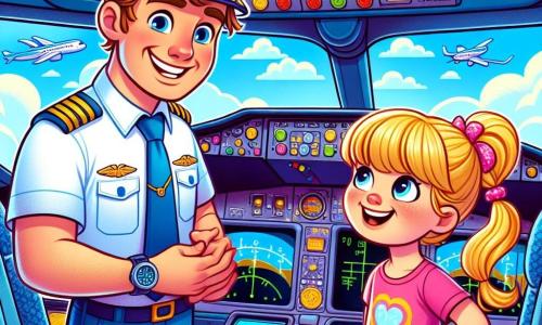 Ein lächelnder Pilot, ein etwa 30-jähriger Mann, trägt eine leuchtend blaue Uniform mit einer großen Mütze. Sein Gesicht strahlt vor Stolz und Aufregung, während er neben einem Cockpit steht, umgeben von bunten Knöpfen und blinkenden Lichtern. Neben ihm steht ein 7-jähriges Mädchen, Leni, mit blonden Zöpfen, das fasziniert zuschaut. Sie trägt ein pinkes T-Shirt und eine Jeansshorts, ihre Augen leuchten vor Bewunderung, während sie den Piloten beobachtet. Das Cockpit ist voller faszinierender Details: eine große Windschutzscheibe, die einen blauen Himmel mit weißen Wolken zeigt, glänzende Instrumente und helle Bildschirme. Die Hauptsituation zeigt den Piloten, der Leni erklärt, wie er das Flugzeug steuert, in einer fröhlichen und entdeckungsfreudigen Atmosphäre. Leni, gefesselt, stellt Fragen, während sie fest die Kante ihres Sitzes hält, bereit für das Abenteuer.