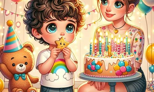 Un bambino di un anno, Leo, con capelli ricci e occhi brillanti, è al centro dell'immagine, sorridente mentre tiene un biscotto a forma di stella nelle sue piccole mani. Indossa una maglietta colorata con motivi di palloncini e un pantaloncino di jeans. Accanto a lui, sua madre, una donna di circa 30 anni con capelli castani raccolti in uno chignon e un sorriso caloroso, tiene una grande torta di compleanno decorata con candele colorate, guardando Leo con amore e orgoglio. In un angolo della stanza, un piccolo orsetto di peluche, vestito con un cappello festivo e con un grande sorriso, balla allegramente, aggiungendo un tocco di magia alla scena. L'ambientazione è un salotto luminoso e festoso, pieno di palloncini colorati e festoni scintillanti. La scena principale mostra Leo, meravigliato, pronto a soffiare le candeline della sua torta di compleanno, circondato da sua madre e dal suo amico orsetto, in un'atmosfera gioiosa e festosa.