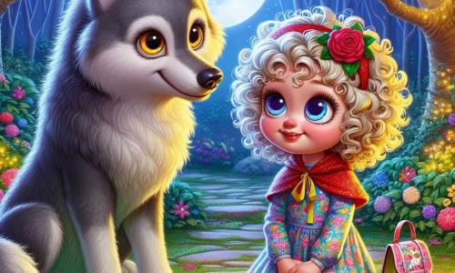 A 6-year-old girl named Lily stands in the center of the image. She has big, bright eyes and curly blonde hair that falls over her shoulders. She wears a colorful dress with flower patterns and carries a small backpack filled with her detective tools. Her face expresses curiosity and excitement as she looks at the Big Bad Wolf with a friendly smile. Next to her, the Big Bad Wolf, with silver-gray fur and gentle eyes, sits on his hind legs. He looks a bit shy but happy, listening attentively to Lily. His large size contrasts with the little girl, and he leans slightly toward her, showing he is ready to make friends. In the background, the scene takes place in an enchanted clearing, bathed in the soft light of the moon. Majestic trees surround the space, their leaves shimmering in the night light, and colorful flowers dot the ground, adding a touch of magic to the atmosphere. The main situation shows Lily and the Big Bad Wolf joyfully discussing, with Lily pointing at the bright moon in the sky while the wolf, with an understanding look, listens carefully. It’s a moment of discovery and friendship, where fear transforms into understanding.