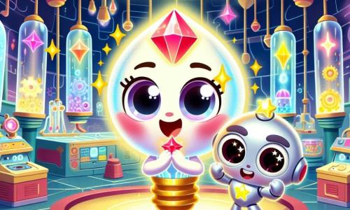 Una pequeña bombilla llamada Lila, con un cuerpo luminoso y ojos chispeantes, se encuentra alegremente en el centro de la escena, sosteniendo un cristal rojo brillante en sus pequeñas manos. Tiene una gran sonrisa en su rostro, mostrando su emoción y determinación. A su lado, un pequeño robot llamado Rocco, con una carcasa metálica plateada y ojos en forma de estrellas, mira a Lila con admiración, levantando los brazos en señal de victoria. Están en el Laboratorio de la Luz, un lugar futurista lleno de máquinas brillantes, tubos de colores y paredes de vidrio transparente que dejan entrever una ciudad iluminada afuera. La escena principal muestra a Lila y Rocco celebrando su éxito tras haber encontrado los cristales de luz, rodeados de una aura de magia y colores vibrantes, listos para devolver la energía a su ciudad.