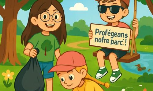 Es gibt drei Charaktere: Mia, ein 10-jähriges Mädchen mit langen braunen Haaren und runden Brillen, trägt ein grünes T-Shirt mit einem Baum-Motiv und eine Jeansshorts. Sie hält einen großen schwarzen Müllsack voller Abfälle und lächelt fröhlich. Lena, ebenfalls 10 Jahre alt, hat blonde geflochtene Haare und eine rosa Mütze. Sie trägt ein gelbes T-Shirt und eine blaue Sporthose und hebt entschlossen eine Plastikflasche vom Boden auf. Tim, ein 10-jähriger Junge mit braunen Haaren und Sonnenbrille, sitzt auf einer Schaukel und hält ein Schild mit der Aufschrift 