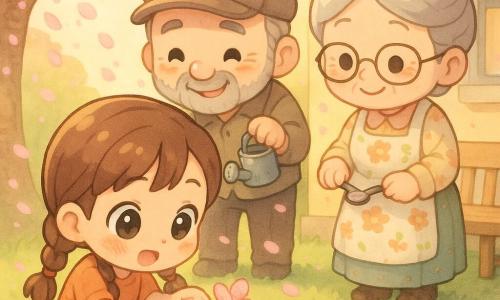 Fetiță de 10 ani cu păr brun împletit în două cozi, chip rotund, ochi mari și strălucitori, în genunchi lângă o cutie de carton, așezând petale roz peste pământ; bunica ~60 ani cu păr gri în coc, zâmbet cald, șorț cu flori, ține o linguriță și privește din dreapta lângă o bancă; bunicul ~65 ani cu șapcă uzată și barbă scurtă, jovial, ține un mini-stropitor în spatele fetei, gata să ude; curte însorită cu iarbă tăiată și un cireș înflorit din care cad petale roz, cutia pe pervaz; scena intimă și caldă: fetița creează un mini-grădină într-o cutie de pantofi, pune petale, bunicul pregătește apa, bunica încurajează; culori pastel (roz pal, verde delicat, galben miere), lumină blândă de amurg; stil chibi kawaii, proporții exagerate, contururi clare, umbre moi și detalii drăguțe (flori, picături de apă, insectă prietenoasă).