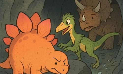 Um estegossauro jovem e arredondado, com placas largas luminescentes rosa‑alaranjadas, concentra‑se e empurra com todas as patas uma pedra escura presa na entrada de um túnel; atrás dele, um velociraptor magro e ágil de penas verdes e amarelas incentiva e empurra de lado com um sorriso malicioso; no fundo do túnel, um tricerátopo idoso, maciço e rugoso, observa ofegante e aliviado com gratidão; a caverna estreita de rochas cinzentas tem gotas cintilantes e um fio de água azul clara que tenta passar por trás da pedra, enquanto a luz quente das placas ilumina as paredes úmidas em faixas suaves, criando uma atmosfera tensa e acolhedora — esforço coletivo cheio de esperança para liberar a pedra e deixar a água jorrar, com respingos, risos e gotículas iluminadas.