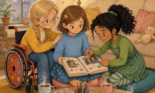 Three 8-year-old girls: a light brown bob with a star clip in a sky-blue sweater and polka-dot skirt sits center on a cushion holding an open photo album; a blonde with braids, round glasses and a yellow cardigan sits left in a red wheelchair, looking at the photos and comforting the first with a hand on her shoulder; a high ponytail of curly black hair in an apple-green dress with striped tights leans in from the right, sticking a shiny sticker on a photo and smiling. They are in a warm, childlike living room with cream walls and star stickers, a beige sofa, a light-wood coffee table scattered with crayons, stickers and mugs of hot chocolate, a wide window showing light rain and a small rainbow, and a mustard round rug. The three friends share the photo album, adding stickers and consoling each other, soft warm light, tender expressions mixing tears and smiles, pastel palette and pencil textures in a European comic style.