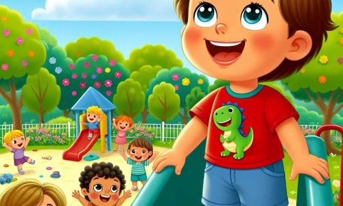 A 4-year-old boy named Sammy stands at the top of a large slide. He has big bright eyes and a wide smile showing his pride and confidence. He wears a red t-shirt with a small dinosaur and blue shorts, his brown hair is messy. Next to him, Lily, a 4-year-old girl with curly hair in a polka dot pink dress, encourages him with a big smile. She sits at the bottom of the slide, arms raised to cheer Sammy on. Max, a 4-year-old boy wearing glasses and a green t-shirt, stands a bit further away, looking admiringly, ready to congratulate him. The scene takes place in a sunny park with lush green trees and colorful flowers around. The sky is blue with a few fluffy white clouds, and children are happily playing in the background. Sammy, full of courage, is about to slide down, ready for a new adventure while his friends cheer him on enthusiastically.