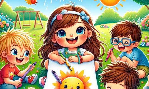Una bambina di 5 anni, Sofia, con lunghi capelli castani e occhi scintillanti di curiosità, è seduta sull'erba verde di un giardino soleggiato, circondata dai suoi amici. Sorride gioiosamente, tenendo un grande foglio bianco su cui ha disegnato un sole colorato con i pastelli. Accanto a lei, Luca, un ragazzo di 6 anni con capelli biondi arruffati e una maglietta rossa, sta disegnando una nuvola con un grande sorriso sul viso. Marco, un altro ragazzo di 5 anni, con occhiali e capelli castani, si piega per colorare un uccello sul foglio, ridendo con entusiasmo. Il giardino è pieno di fiori colorati, alberi verdi e un cielo blu brillante, creando un'atmosfera gioiosa e accogliente. Sullo sfondo, si intravedono un'altalena e uno scivolo, che aggiungono all'atmosfera ludica. La scena principale mostra Sofia e i suoi amici intenti a creare insieme, ridendo e condividendo idee, illustrando la gioia di giocare all'aperto senza schermi, celebrando la loro amicizia e creatività.
