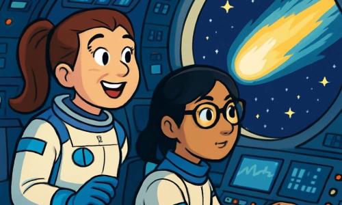 Astronaut Captain Lucy Starbright has brown hair in a ponytail, wearing a white spacesuit adorned with blue and silver. She has a radiant smile and sparkling eyes as she observes a magnificent comet, Aurora, through her spaceship's window. Next to her, co-pilot Meera, a young woman around 25 with black hair and glasses, is focused on the controls, her eyes fixed on the screens, displaying a look of wonder. The spaceship, Stellar Dream, is inside a futuristic cabin filled with blinking lights and screens showing scientific data. Outside, the void of space is dotted with twinkling stars and the comet's bright tail, majestically stretching into the darkness. The main scene shows Lucy and Meera in exploration, captivated by the beauty of the cosmos while collecting data on the comet, symbolizing adventure and discovery in the vastness of the universe.