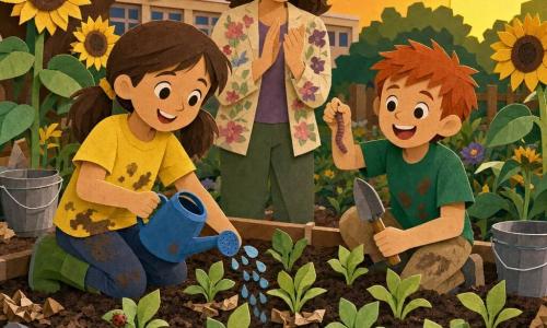 A joyful 10-year-old girl with brown pigtails, wearing a dirty yellow T-shirt and green boots, kneels watering seedlings with a small blue watering can; to her right Leo, a curious redheaded boy about 10, holds a small shovel and shows a worm with a big grin; behind them Ms. Harper, a kindly teacher in her 30s–40s wearing a light floral jacket, stands applauding; they are at a rectangular schoolyard plot with neat rows of pale green shoots, handmade wooden signs, tall sunflowers, metal buckets, paper mulch, decorative stones, bright splashes of soil, sparkling water droplets, and friendly ladybugs on the leaves under golden sunset light.