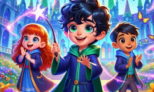 A young wizard apprentice named Milo, a six-year-old boy with curly black hair and sparkling eyes, stands at the center of the image, holding his magic wand with a big amazed smile. He wears a shiny blue cape and green boots, and his face expresses radiant joy. Beside him, Lila, a six-year-old girl with red hair and freckles, claps enthusiastically, her eyes shining with curiosity. A bit further back, Finn, a six-year-old boy with dark hair and a determined look, watches with a mix of admiration and excitement, ready to learn. The setting is a magical garden filled with colorful flowers dancing in a gentle breeze, with multicolored butterflies fluttering around. In the background, the majestic Willowbrook School of Magic stands with its sparkling towers and bright windows. The scene captures the moment when Milo and his friends use their magic to make plants bloom, filling the garden with vibrant colors, while a soft golden light from the setting sun envelops everything, creating a warm and enchanted atmosphere.