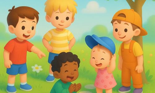 Five children: four boys—Max (≈6, short brown hair, red shirt, blue shorts, left, pointing at a blue hat on the grass), Leo (≈6, blond messy hair, yellow-and-white striped shirt, center-left, hands on hips, curious), Sam (≈6, curly black hair, green sweatshirt, crouched, clapping), Ben (≈6, light brown hair, backward cap, orange overalls, right, smiling at Baby Ella)—and Baby Ella (≈1, pink floral dress, very short hair with a small bow, partially hidden behind a light-barked tree in the background, laughing and holding the blue hat half on her head); sunny garden with bright green grass, colorful flowers, a small light-barked tree, a round-stone path and pastel blue sky with fluffy clouds; children investigating a blue hat with a joyful, curious atmosphere, expressive gestures, wide smiles, well-spaced composition, vivid contrasting colors, soft shadows, simple clean style for toddlers.
