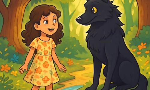 A 12-year-old girl, Elara, stands by a sparkling stream, her eyes shining with curiosity and excitement. She has curly brown hair cascading over her shoulders and wears a light floral dress, her bare feet brushing against the cool water. A few steps away, the Big Bad Wolf, with sleek black fur, watches with an intriguing yet gentle expression, his yellow eyes sparkling with wisdom. The wolf is large and majestic, standing on his hind legs, slightly leaning towards Elara as if listening intently. The scene takes place in the enchanted forest of the Whispering Woods, where gigantic trees with gnarled trunks reach towards the sky, their leaves forming a canopy of greenery. Sun rays pierce through the branches, illuminating the ground scattered with colorful flowers and golden leaves. Elara and the wolf meet by the stream, exchanging glances full of curiosity and understanding, symbolizing the beginning of an unexpected friendship.