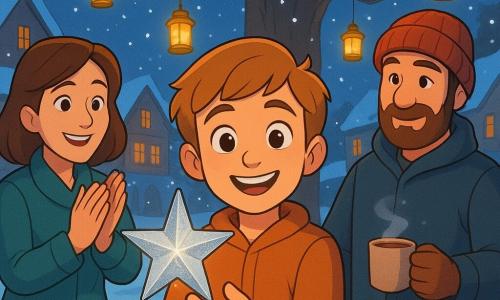 A 10-year-old boy with bright eyes and light brown hair stands in the center of a snowy village. He holds a silver star that sparkles in his hand, his face beaming with joy. Next to him, a woman around 40, with brown hair and a warm smile, gently applauds. A man about 45, wearing a red woolen hat, stands a few steps away, smiling and holding a steaming cup of hot chocolate. The village is decorated with golden lanterns hanging from the branches of a large oak tree, and snowflakes gently fall, illuminating the scene with a soft, magical light. The main situation shows the boy sharing his poem of peace with the villagers, surrounded by an atmosphere of festivity and winter magic.
