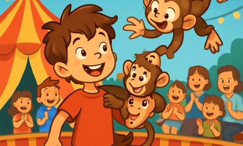 Een 6-jarig jongetje genaamd Tim, met rommelig bruin haar en een stralende glimlach, staat in het midden van het circus. Hij draagt een felrode t-shirt en een blauwe short, zijn ogen stralen van opwinding. Naast hem zit een ondeugend aapje genaamd Charlie, met bruin vacht en ondeugende ogen, op zijn schouder, klaar om te springen. Op de achtergrond staat een groot, kleurrijk tent met rode en witte strepen onder een azuurblauwe lucht, terwijl fonkelende lichten het podium verlichten. Blije toeschouwers, kinderen en volwassenen, zitten op houten banken en applaudisseren enthousiast. De scène toont Tim die een kleine rode bal in de lucht gooit, terwijl Charlie een spectaculaire acrobatiek uitvoert met een salto. De sfeer is vol vreugde en magie, die de geest van het circus vangt.