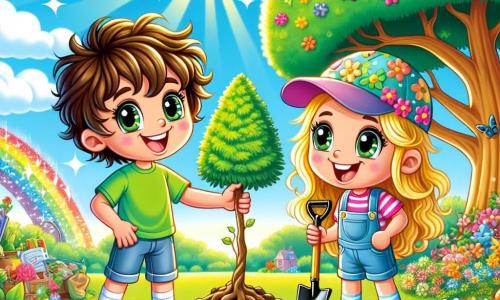 Un niño de 8 años, llamado Pablo, con cabello castaño desordenado y ojos llenos de curiosidad, está plantando un joven árbol en un parque soleado. Lleva una camiseta verde brillante y un short de mezclilla, mostrando una gran sonrisa, lleno de orgullo y emoción. A su lado, su mejor amiga Sofía, una niña de 8 años con cabello largo y rubio, lleva una gorra colorida y una camiseta a rayas. Ella sostiene una pequeña pala y lo anima con entusiasmo, con los ojos brillando de admiración. El lugar es un parque verde, lleno de flores coloridas, grandes árboles majestuosos y un cielo azul brillante. Al fondo, se puede ver un pequeño arroyo reluciente y pájaros cantando en las ramas. La situación principal muestra a Pablo y Sofía plantando un árbol, simbolizando su compromiso de proteger la naturaleza y embellecer su entorno. Están rodeados de basura que han recogido, ilustrando su determinación de cuidar el planeta.
