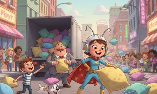 A joyful, energetic heroine, Zoomina Spark, with a wide smile, bright eyes, an antennaed helmet, a red cape with yellow stars and a light-blue suit, hand on her gadget belt, guiding a huge bouncing cushion; Mayor Muffin, a round, mustached man in a colorful suit, holds a cushion with a surprised-amused expression behind her near an open truck; a six-year-old brown-haired boy in a striped T-shirt laughs and jumps touching a bouncing cushion in the left foreground; a chubby white dog wears a cushion like a hat and runs between them; Zippy City's main street is colorful and lively with pastel facades, an open truck spilling multicolored cushions, and an empty parking lot turned into a 