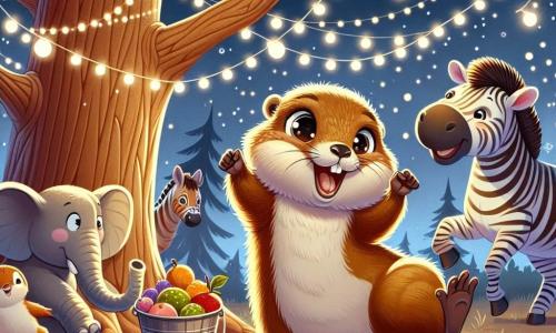 Uma marmota alegre, com pelagem marrom suave e olhos brilhantes de travessura, dança aos pés de um grande carvalho, cercada por luzes cintilantes. Ela tem um grande sorriso no rosto, com as patinhas levantadas no ar, cheia de energia e entusiasmo. Ao seu lado, um elefante amigável, com grandes orelhas e uma tromba curiosa, segura um balde de frutas coloridas, pronto para compartilhar com os outros animais. Um pouco mais adiante, uma zebra com listras pretas e brancas, com uma expressão divertida, se prepara para mostrar suas melhores danças. O cenário é uma clareira mágica sob um céu estrelado, com guirlandas luminosas penduradas nos galhos da árvore, criando uma atmosfera festiva e acolhedora. A cena principal mostra a marmota e seus amigos em plena festa, dançando e rindo juntos, cercados de frutas, luzes e alegria.