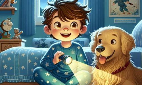 Ein 9-jähriger Junge, Max, mit zerzausten kastanienbraunen Haaren und neugierigen, funkelnden Augen, sitzt auf seinem Bett und hält eine kleine Taschenlampe, die sein lächelndes Gesicht beleuchtet. Er trägt einen blauen Schlafanzug mit weißen Sternen, und sein Ausdruck zeigt eine Mischung aus Aufregung und Mut, bereit, die Nacht zu erkunden. Neben ihm liegt sein treuer Hund Bello, ein golden retriever mit sanften Augen und goldenem Fell, auf dem Teppich und schaut Max mit einem freundlichen und beschützenden Blick an. Die Szene spielt sich in Max' Zimmer ab, einem warmen Raum mit hellblauen Wänden, dekoriert mit Postern von Drachen und Rittern. Spielzeuge liegen verstreut auf dem Boden, und ein Fenster lässt die sternenklare Nacht draußen erahnen, was eine magische und geheimnisvolle Atmosphäre schafft. Max, mit seiner Taschenlampe bewaffnet, ist bereit, die Schatten in seinem Zimmer zu erkunden, und verwandelt seine Angst vor der Dunkelheit in ein spannendes Abenteuer, während die Schatten um ihn herum tanzen und lustige, freundliche Formen annehmen.