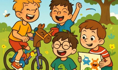 Es gibt vier Kinder: Leo, ein 10-jähriger Junge mit zerzausten braunen Haaren und runden Brillen, trägt ein grünes T-Shirt mit einem Dinosaurier und steht in der Mitte, lacht herzhaft. Max, ein 10-jähriger Junge mit zerzausten blonden Haaren und einem schelmischen Lächeln, steht links auf einem Rad ohne Räder und tut so, als würde er ein Pferd reiten. Tobi, ein 10-jähriger Junge mit kastanienbraunen Haaren und Sommersprossen, sitzt rechts und hält ein großes buntes Blatt Papier mit Monsterzeichnungen. Emil, ein 10-jähriger Junge mit schwarzen Haaren und einem blauen T-Shirt mit einem großen Dinosaurier, steht hinter Leo, lacht und hält einen Eimer voller Konfetti. Die Szene spielt auf einer Wackelwiese, einer grünen, weichen Wiese mit bunten Blumen und kleinen Insekten. Im Hintergrund steht eine majestätische alte Eiche, und der Himmel ist strahlend blau mit einigen flauschigen weißen Wolken. Die Kinder lachen, nachdem sie ein lustiges Fahrzeug aus alten Fahrradteilen und bunten Dekorationen gebaut haben, während Max auf dem Rad tut, als würde er reiten, Tobi und Emil Monster zeichnen und Leo in der Mitte lacht, was eine fröhliche und energiegeladene Atmosphäre schafft.