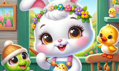 Una pequeña coneja llamada Lila, con un pelaje suave y blanco, grandes orejas rosas y ojos brillantes de alegría, está pintando huevos de Pascua coloridos en una mesa de madera. Lleva un adorable delantal de flores y sonríe con entusiasmo, sosteniendo un pincel en su pata. Junto a ella, su mejor amiga, Sofía la tortuga, con un caparazón verde decorado y una cara sonriente, la observa con admiración mientras sostiene un huevo decorado. Sofía está sentada en una silla, mirando a Lila con ojos brillantes de emoción. Su amigo, Pepe el pato, con su plumaje amarillo brillante y un pequeño sombrero de paja, se encuentra cerca de la ventana, mirando los huevos con una gran sonrisa, listo para ayudar. La escena transcurre en una encantadora casita de madera, rodeada de flores coloridas y árboles verdes, con rayos de sol filtrándose por las ventanas, creando un ambiente alegre y festivo. Lila está en plena creación, pintando huevos de Pascua con colores vivos, mientras sus amigos la animan, llenando el aire de risas y felicidad.