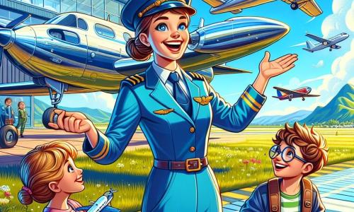 A smiling female pilot, about 25 years old with brown hair in a bun, wears a bright blue flight suit and a pilot's helmet. She stands near a shiny silver airplane, arms open, radiating joy and excitement. Next to her, a 10-year-old boy with messy blonde hair and glasses looks at the airplane with wide eyes, holding a small model airplane in his hands. Another character, a 9-year-old girl with curly brown hair, wears a pilot's cap and smiles, giving a thumbs up in encouragement. The scene takes place on a sunny airfield with various sized airplanes parked on the tarmac and white clouds floating in a bright blue sky. In the background, majestic green mountains rise. The main situation shows the pilot explaining to the children the excitement of flying, inviting them to dream of becoming pilots themselves, while an airplane majestically takes off into the sky, symbolizing freedom and adventure.