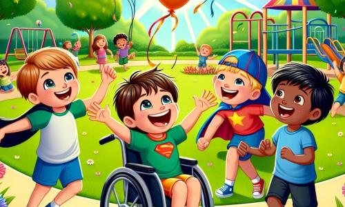 In a sunny park, four boys stand together, beaming with joy. Alex, a 10-year-old with messy brown hair and a bright smile, is in the center, raising his arms enthusiastically. To his right, Max, a 9-year-old Caucasian boy in a wheelchair, wears a superhero cap and smiles widely, ready to join the fun. On the left, Sam, a 10-year-old with blond hair and sparkling eyes, gestures friendly towards Max, inviting him to play. Finally, Leo, a 9-year-old with black hair and tan skin, leans forward, laughing with his friends, arms crossed on his knees. The park is vibrant with colors, featuring large leafy trees, colorful flowers, and playgrounds in the background. Balloons float in the air, and a big colorful banner announces the event. The scene shows the boys playing a superhero game, laughing and encouraging each other, illustrating the tolerance and friendship that unite them, while other children join them, creating an atmosphere of joy and inclusion.