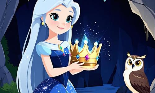 La princesa Luna, una joven de largos cabellos plateados, lleva un vestido brillante de color azul noche. Tiene un rostro alegre y curioso, con ojos que brillan de asombro. Se encuentra frente a una cueva misteriosa, sosteniendo su corona dorada en las manos, lista para ponérsela. Junto a ella, un viejo búho sabio, con plumas marrones y ojos redondos y penetrantes, la observa con benevolencia desde una rama, pareciendo animarla en su búsqueda. El escenario es un hermoso bosque encantado, con majestuosos árboles de hojas verdes brillantes y flores coloridas alrededor de la cueva. Un arroyo reluciente fluye cerca, reflejando la luz de la luna. La situación principal muestra a la princesa Luna, llena de esperanza y determinación, lista para entrar en la cueva y recuperar su corona perdida, rodeada de la magia de la naturaleza.