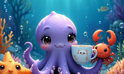 Tito, un pequeño pulpo morado de tentáculos regordetes y grandes ojos redondos, sostiene con una ventosa una taza blanca con un gato; Lina, una estrella de mar naranja con lunares blancos, sonríe y estabiliza la taza con una piedra; Brum, un cangrejo rojo de pinzas robustas, empuja con una pinza una silla de playa blanca de plástico, detrás y a un lado. Todo bajo un viejo muelle de madera: pilares marrones con algas verdes, tablas que dejan pasar rayos dorados, arena clara con guijarros y burbujas que suben; la escena muestra al equipo acercando la silla hacia la escala del muelle para devolver la taza a la vista de los humanos, con ambiente cálido, colores pastel, líneas simples, formas redondeadas y luz suave filtrada por el agua.