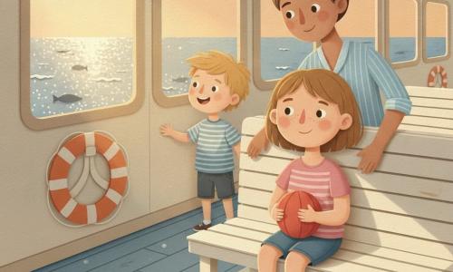An 8-year-old girl with light brown bobbed hair, slightly tanned skin, a round face and freckles sits calmly and proudly in the shadow of the ferry's lower deck holding a small red ball on her knees; a woman (mother, ~35) with her hair in a bun and a light blue-striped blouse sits behind her, smiling and resting a reassuring hand on the girl's shoulder; a ~10-year-old boy (cousin) with messy blond hair and a striped T-shirt stands a few steps away, leaning on the railing and looking excitedly out the window at the sea. Interior: lower ferry cabin with ivory-painted wooden benches, large rectangular windows streaming sunlight, orange life rings on the wall, plank floor with bluish reflections. Scene at dusk: cool shadow, silver sea with sparkling highlights and a few shadowy fish beneath the surface — soft, summery, sheltered atmosphere. Visual style: paper-cut, simple shapes and layered paper textures, warm pastel colors, crisp edges and soft cast shadows.