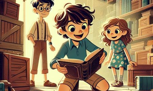Um garoto de 12 anos, Lucas, está no centro da imagem, com cabelos castanhos bagunçados e olhos brilhantes de curiosidade. Ele usa uma camiseta azul e um short bege, e seu rosto expressa grande excitação enquanto segura um livro antigo aberto nas mãos, descobrindo um mistério. À sua direita, sua melhor amiga, Júlia, uma menina de 11 anos com cabelos longos e cacheados, usa um vestido florido e observa o livro com admiração, seus olhos brilhando de fascínio. À esquerda, Pedro, um garoto de 12 anos com óculos e cabelos castanhos, está inclinado para frente, examinando um mapa antigo espalhado sobre a mesa, com uma expressão concentrada e determinada. O local da cena é um velho sótão empoeirado, cheio de caixas de madeira, móveis antigos e prateleiras carregadas de livros. A luz do sol filtra através de uma janela suja, criando padrões luminosos no chão de madeira. A situação principal mostra Lucas, Júlia e Pedro em plena exploração, descobrindo tesouros esquecidos e pistas misteriosas, prontos para resolver o mistério do tesouro escondido da cidade.