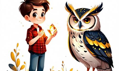 A 9-year-old boy named Oliver stands in the center of the image, with tousled brown hair and sparkling eyes full of curiosity. He wears a red plaid shirt and canvas pants, holding a shining crystal in his hand, his face lit up with wonder and determination. Next to him is Athelwyn, a majestic owl with golden feathers and almond-shaped eyes, perched on a low branch, observing Oliver with wisdom and kindness. The setting is the beautiful Enchanted Glade, an enchanting place filled with colorful flowers and tall trees with shimmering leaves, bathed in soft golden light. Sunbeams filter through the foliage, creating dancing shadows on the moss-covered ground. The main scene shows Oliver, with a determined look, raising the crystal above his head, as a bright light emanates from it, dispelling the threatening shadows around him. The atmosphere is filled with magic and hope, illustrating the moment Oliver overcomes his fears to save the forest.