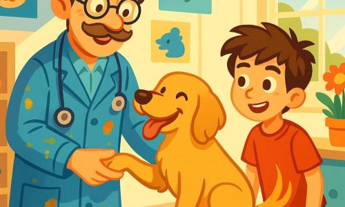 A male veterinarian, Dr. Harold Whiskers, stands in his office, smiling with sparkling eyes and a thin mustache. He wears a worn blue lab coat with paint stains and gently holds Bella's paw, a cheerful golden retriever wagging her tail enthusiastically. Next to him, Timmy, an 11-year-old boy with messy brown hair, looks on with admiration, his eyes bright with excitement. He wears a red t-shirt and denim shorts, standing by the examination table, eager to learn. The office is bright and welcoming, with walls adorned with colorful animal posters, shelves filled with pet toys, and fresh flowers on the desk. Sunlight filters through the windows, creating a warm and joyful atmosphere. In this scene, Dr. Whiskers examines Bella's paw, which needs care, while Timmy attentively observes, eager to learn how to help animals.