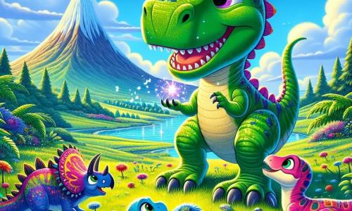 Een jonge Tyrannosaurus Rex, genaamd Tibo, staat in het midden van de afbeelding met een grote blije glimlach en sprankelende ogen van opwinding. Zijn lichaam is felgroen, met glanzende schubben en stralend witte tanden. Hij houdt een magische steen vast die schittert in zijn kleine voorpoten. Aan zijn rechterkant snuffelt Sari, een roze stegosaurus met kleurrijke rugplaten, nieuwsgierig aan kleurrijke bloemen. Aan zijn linkerkant kijkt Max, een blauwe triceratops met drie scherpe hoorns, bewonderend naar Tibo, klaar om te helpen. Lila, een kleine gele velociraptor, springt vrolijk om hen heen, met glanzende ogen vol enthousiasme. De scène speelt zich af op een uitgestrekt groen veld, bezaaid met grote varens en heldere bloemen onder een heldere blauwe lucht, met verre bergen aan de horizon. Op de achtergrond stroomt een schitterende rivier rustig, omringd door majestueuze bomen. De hoofdsetting toont Tibo en zijn vrienden die de magische steen ontdekken die schittert en zingt, wat hun vriendschap en avontuurlijke geest symboliseert terwijl ze zich voorbereiden om samen nieuwe avonturen te beleven.