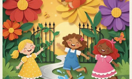 Four characters: Lily (18 months), a blonde toddler with short pigtails in a yellow polka-dot dress pointing toward a sparkling river at left foreground; Daisy (18 months), a curly brown-haired toddler in blue overalls splashing in the water at center; Rose (18 months), a redheaded toddler in a ruffled pink dress laughing and reaching toward Daisy at right; and a friendly red squirrel with a bushy tail holding a shiny acorn, perched on a golden flower behind them. Setting: a magical garden enclosed by a small iron gate with sparkling vines, giant paper-cut flowers in vivid reds, purples and oranges, textured green leaves, a silver ribbon-like stream across the center and colorful butterflies. Main scene: the three toddlers play and help the squirrel find its acorn in a joyful, dynamic moment with water splashes, dancing flowers and golden sunset light; bold contrasting colors, simple shapes, crisp silhouettes and visible paper-cut textures.