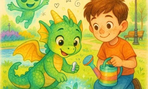Zandra, una pequeña dragona esmeralda juvenil de alas suaves y escamas brillantes, sonríe mientras sostiene una cápsula plateada y planta una semilla luminosa en un rincón del jardín; Pablo, un niño de unos 9 años de cabello castaño y pecas, se arrodilla a su derecha con una regadera colorida; Omi, un pequeño extraterrestre verde de grandes ojos y dos antenas luminosas, flota en el fondo como holograma amigable; el jardín público junto a un pequeño estanque tiene césped verde intenso, parterres de flores saturadas, faroles antiguos y un banco de madera, y la tierra donde se planta emite halos azules; la semilla galáctica germina en una plántula multicolor con hojas turquesa y doradas que brillan y vibran al compás de una melodía invisible, con luz suave y reflejos estrellados; estilo: colores cálidos y saturados, trazos suaves, texturas acuarela y lápiz, composición centrada, ambiente tierno y de asombro, con pequeños doodles (estrellas, notas musicales, corazones) alrededor.