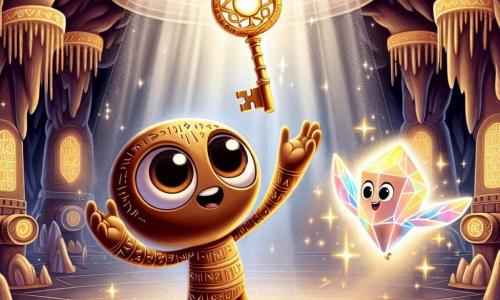 Chaveiro, um personagem em forma de chave de bronze, com inscrições antigas em seu corpo, está no centro de uma caverna majestosa, com os olhos brilhando de emoção e determinação. Ele levanta uma mão em direção ao Pergaminho do Destino, que flutua acima de um pedestal, emitindo uma luz dourada e misteriosa. Ao seu lado, Lúcia, uma pedra de cristal luminosa, flutua no ar, irradiando alegria e encorajamento, suas facetas cintilando como estrelas. A caverna é adornada com paredes brilhantes, com runas douradas gravadas que brilham na escuridão, e um chão de mármore liso que reflete a luz do Pergaminho. No fundo, estalactites cintilantes descem do teto, criando uma atmosfera mágica e encantadora. A cena principal mostra Chaveiro prestes a agarrar o Pergaminho, simbolizando sua coragem e busca para restaurar o equilíbrio na Cidade das Sombras, enquanto Lúcia o encoraja com uma luz radiante, iluminando o caminho para seu destino.