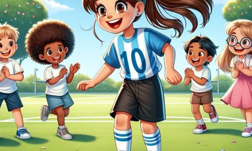 Andreea, o fetiță de 10 ani, este în centrul imaginii, cu părul lung și brun prins în coadă de cal. Ea poartă un tricou de fotbal albastru cu numărul 10, o pereche de pantaloni scurți negri și adidași roșii. Fața ei exprimă bucurie și entuziasm în timp ce le arată copiilor cum să dribleze mingea de fotbal. În jurul ei, un grup de patru copii: un băiat cu părul creț și pielea închisă la culoare, de 9 ani, care încearcă să dribleze mingea cu un zâmbet mare; o fetiță cu o rochiță roz și împletituri, de 8 ani, care aplaudă și își încurajează prietenii; un băiat blond de 10 ani, care este pregătit să primească mingea, și o altă fetiță cu ochelari, de 9 ani, care observă cu atenție mișcările Andreei. Scena are loc într-un parc verde, cu copaci înfloriți și un cer albastru însorit. Terenul de fotbal este acoperit cu iarbă, iar flori colorate marginile aleii. Andreea le arată copiilor cum să dribleze mingea, în timp ce aceștia râd și se distrează împreună, creând o atmosferă veselă și prietenoasă.
