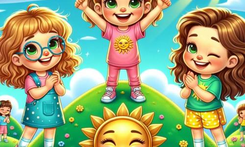 Três meninas de 8 anos, Maria, Ana e Joana, estão no topo da Montanha Risonha, com sorrisos brilhantes nos rostos. Maria tem cabelos loiros cacheados e usa uma camiseta rosa com um desenho de sol, levantando os braços em sinal de vitória. Ana, com óculos redondos e cabelos castanhos presos em dois rabos de cavalo, veste um vestido de bolinhas azuis e aplaude alegremente. Joana, com cabelos castanhos e cacheados, está vestida com uma camiseta verde e um short amarelo, piscando o olho enquanto segura o Prêmio Sorriso de Ouro, uma grande escultura dourada em forma de sorriso. A Montanha Risonha é uma colina verdejante, cheia de flores coloridas e pequenas árvores, com uma encosta íngreme que parece brincar com as crianças. O céu é de um azul vibrante, salpicado de nuvens brancas fofas, e o sol brilha intensamente, acrescentando um toque mágico à cena. As três amigas acabaram de completar um desafio impossível: escalar a montanha usando bacias plásticas para deslizar, rindo alto ao chegarem ao topo. A atmosfera é alegre e festiva, com espectadores embaixo aplaudindo e rindo de suas aventuras.