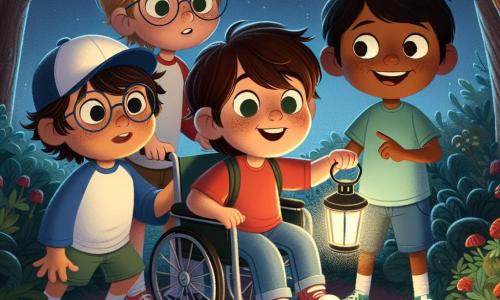 Em um jardim noturno, quatro amigos se reúnem para uma aventura mágica. Pedro, um garoto de 10 anos com cabelos castanhos bagunçados e óculos redondos, segura uma pequena lanterna que ilumina timidamente seu rosto curioso e um pouco preocupado. Tiago, de 9 anos, tem cabelos loiros e usa uma camiseta vermelha, sorrindo confiante enquanto aponta para uma sombra intrigante no chão. João, também de 10 anos, com cabelos negros e um boné azul, está um pouco à frente, levantando os braços como se convidasse os amigos a explorar mais. Miguel, um garoto de 10 anos em cadeira de rodas, tem cabelos castanhos e um grande sorriso, observando entusiasmado enquanto segura uma lanterna que brilha com uma luz acolhedora. O jardim é cheio de grandes árvores com folhas escuras, e o céu está salpicado de estrelas cintilantes, criando uma atmosfera misteriosa e acolhedora. Os quatro amigos, armados com suas lanternas, estão prontos para enfrentar seus medos e descobrir a beleza escondida da noite.